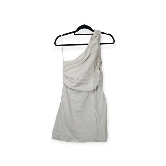 Abercrombie & Fitch Beige Linen Mini Dress SZ M One Shoulder Lined Cocktail Hour - Picture 3 of 12